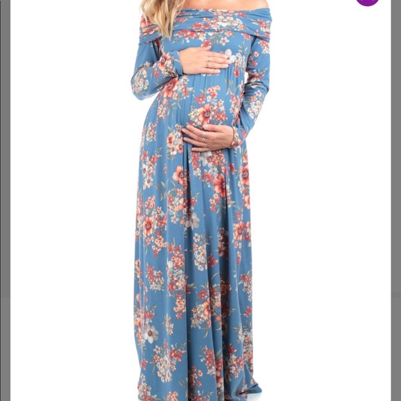 Mother Bee Maternity Dresses & Skirts - Mother Bee Maternity Blue & Pink Off-Shoulder Maxi